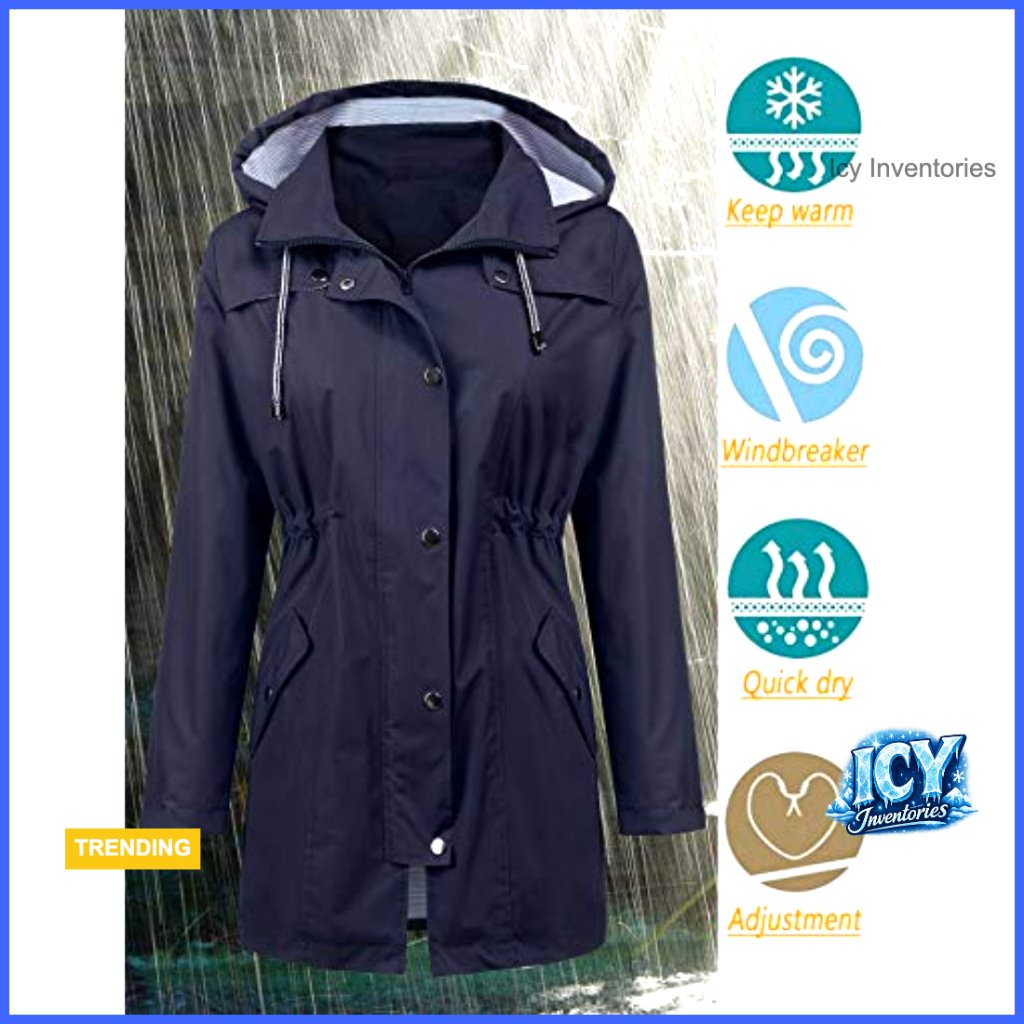Waterproof Polyester Raincoat With Hood And Drawstring Waist